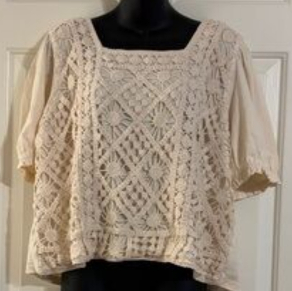 Cream Crochet Square-Neck Blouse